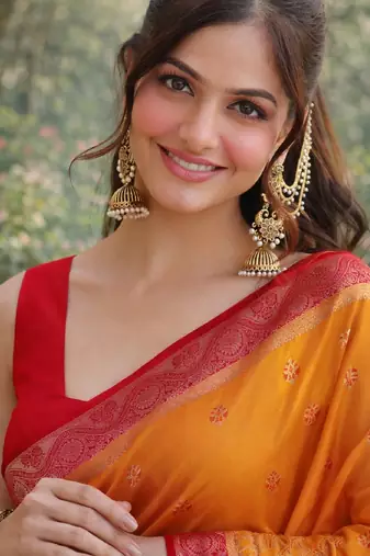 Orange silk blend banarasi saree with unstitched blouse piece