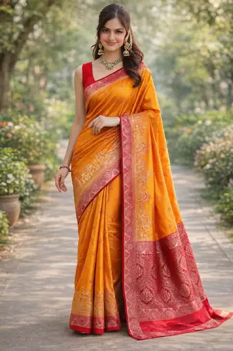 Orange silk blend banarasi saree with unstitched blouse piece