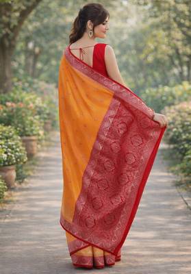 Orange silk blend banarasi saree with unstitched blouse piece 4