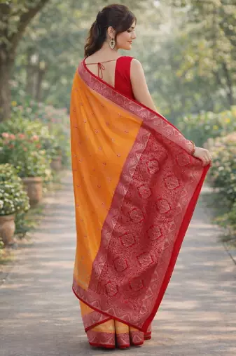 Orange silk blend banarasi saree with unstitched blouse piece