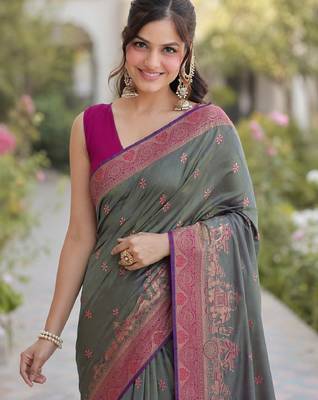 Sea green silk blend banarasi saree with unstitched blouse piece 1