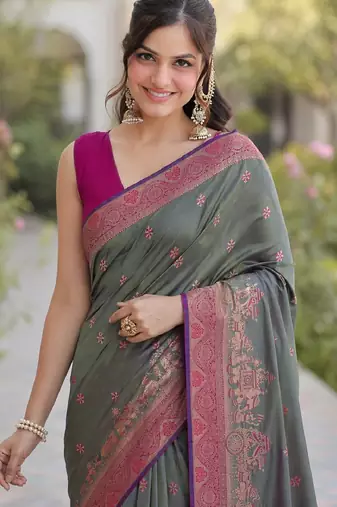 Sea green soft silk banarasi jacuard work designer party wear saree with unstitched blouse piece