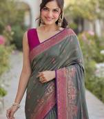 Sea green silk blend banarasi saree with unstitched blouse piece