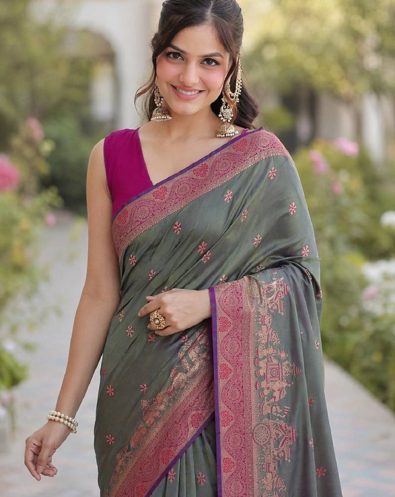Sea green soft silk banarasi jacuard work designer party wear saree with unstitched blouse piece