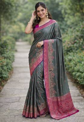 Sea green silk blend banarasi saree with unstitched blouse piece 3