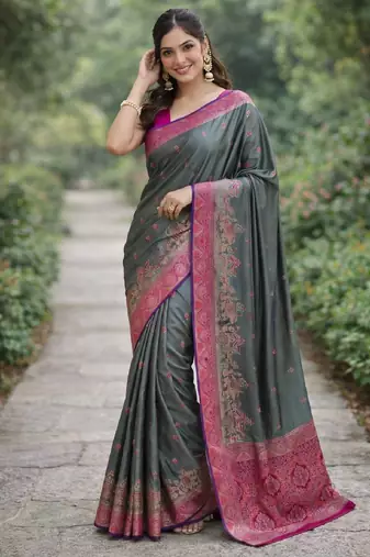 Sea green silk blend banarasi saree with unstitched blouse piece