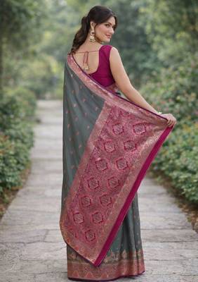 Sea green silk blend banarasi saree with unstitched blouse piece 4