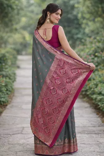 Sea green silk blend banarasi saree with unstitched blouse piece