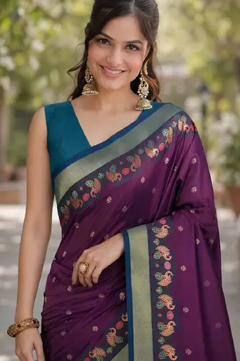 Wine soft silk banarasi jacuard work designer party wear saree with unstitched blouse piece