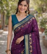 Wine silk blend banarasi saree with unstitched blouse piece