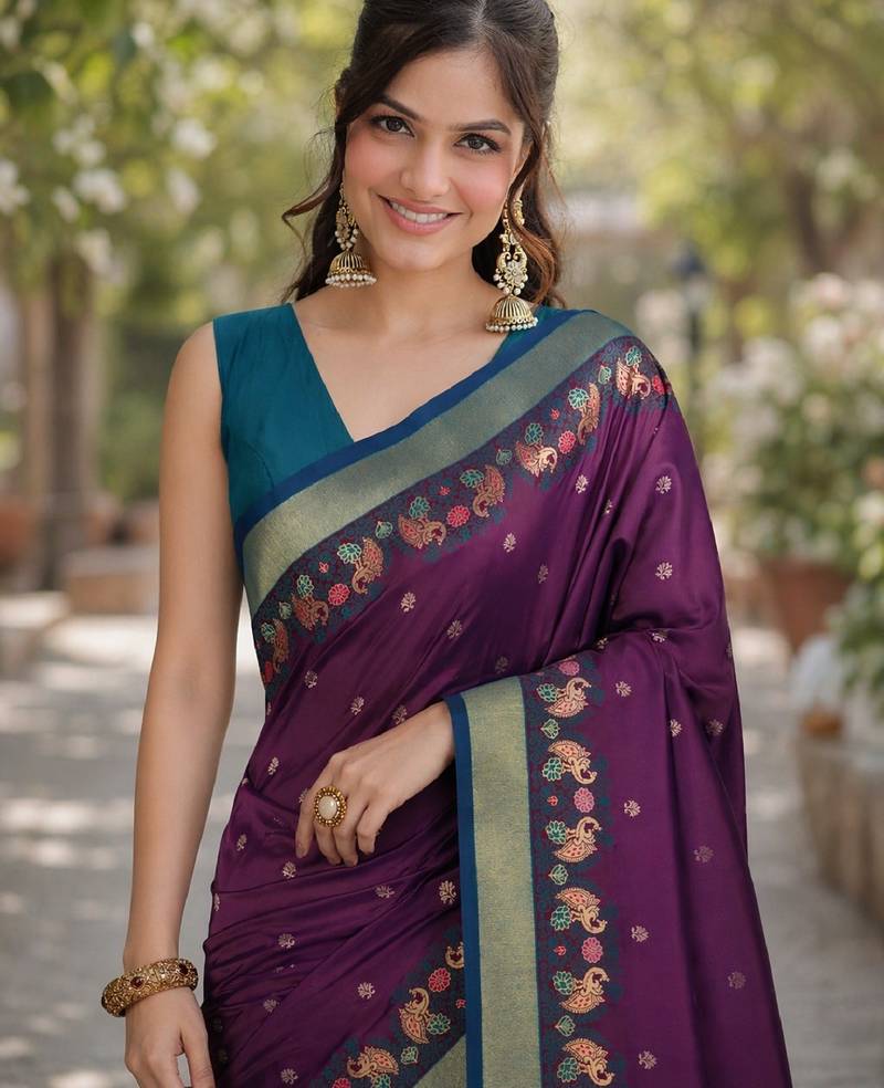 Wine soft silk banarasi jacuard work designer party wear saree with unstitched blouse piece