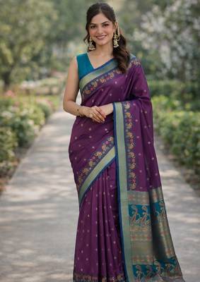 Wine silk blend banarasi saree with unstitched blouse piece 3