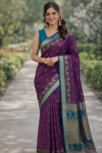 Wine silk blend banarasi saree with unstitched blouse piece