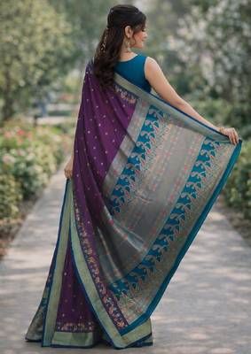 Wine silk blend banarasi saree with unstitched blouse piece 4