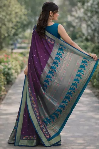Wine silk blend banarasi saree with unstitched blouse piece