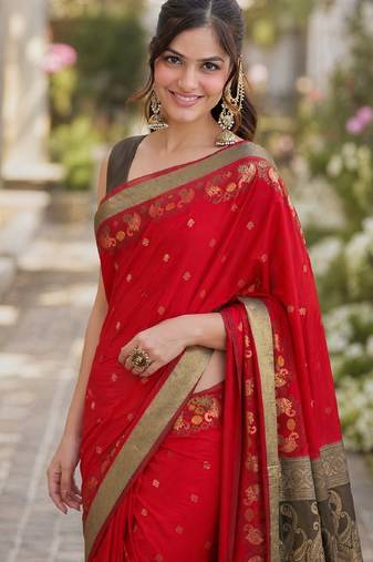Red soft silk banarasi jacuard work designer party wear saree with unstitched blouse piece