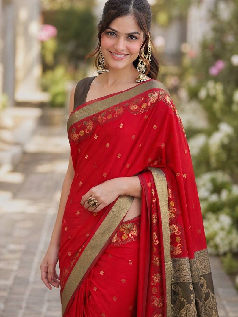Red soft silk banarasi jacuard work designer party wear saree with unstitched blouse piece