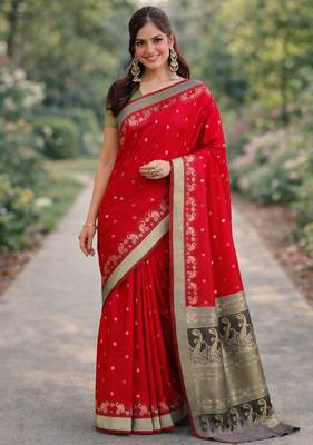 Red silk blend banarasi saree with unstitched blouse piece 3