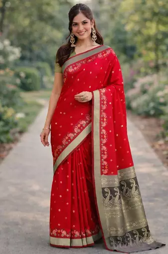 Red silk blend banarasi saree with unstitched blouse piece