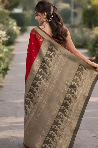 Red silk blend banarasi saree with unstitched blouse piece