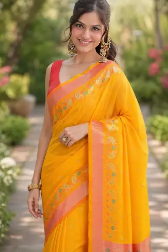 Orange soft silk banarasi jacuard work designer party wear saree with unstitched blouse piece