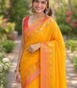 Orange silk blend banarasi saree with unstitched blouse piece