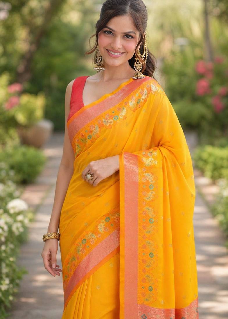 Orange soft silk banarasi jacuard work designer party wear saree with unstitched blouse piece