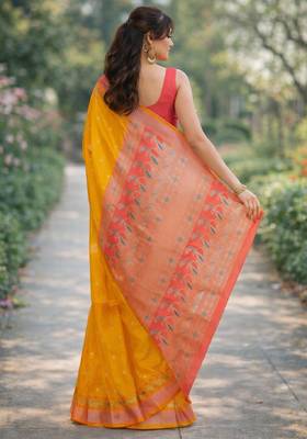 Orange silk blend banarasi saree with unstitched blouse piece 2