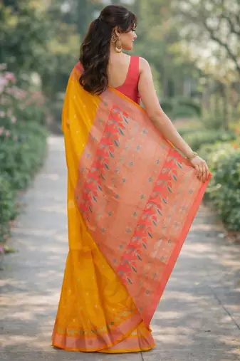 Orange silk blend banarasi saree with unstitched blouse piece