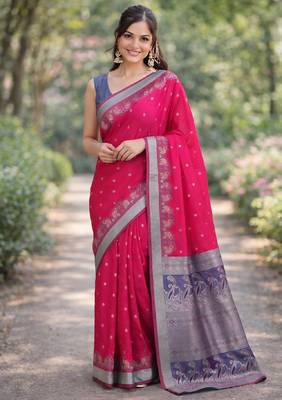 Pink silk blend banarasi saree with unstitched blouse piece 3