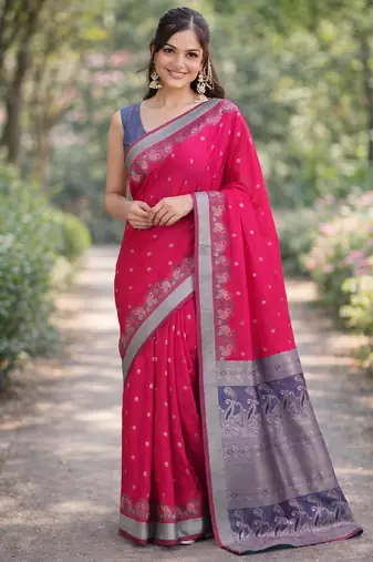 Pink silk blend banarasi saree with unstitched blouse piece