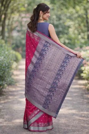 Pink silk blend banarasi saree with unstitched blouse piece