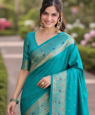 Rama silk blend banarasi saree with unstitched blouse piece 1