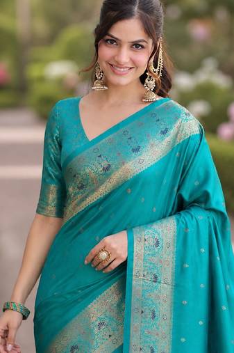 Rama soft silk banarasi jacuard work designer party wear saree with unstitched blouse piece