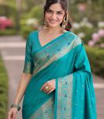 Rama silk blend banarasi saree with unstitched blouse piece