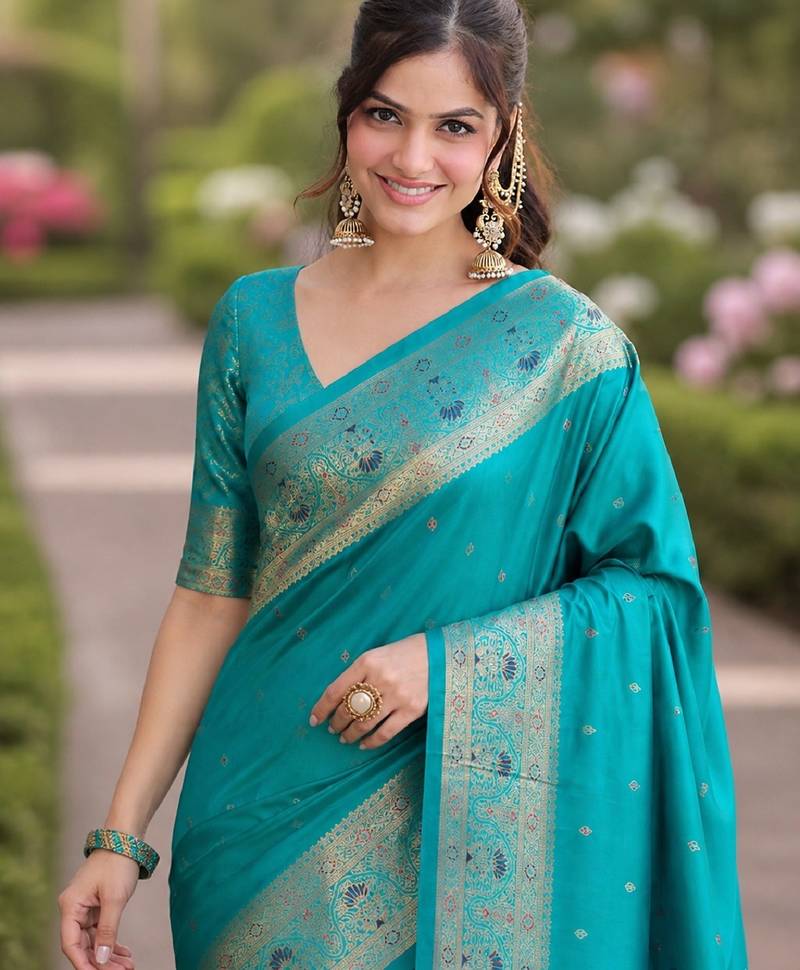 Rama soft silk banarasi jacuard work designer party wear saree with unstitched blouse piece