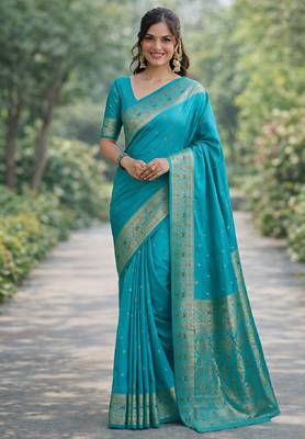 Rama silk blend banarasi saree with unstitched blouse piece 3