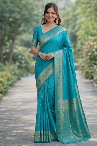 Rama silk blend banarasi saree with unstitched blouse piece