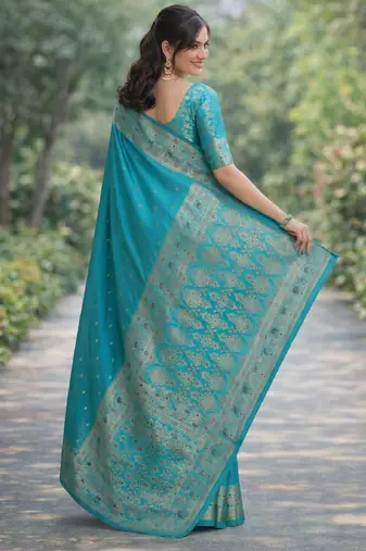 Rama silk blend banarasi saree with unstitched blouse piece