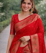 Red silk blend banarasi saree with unstitched blouse piece