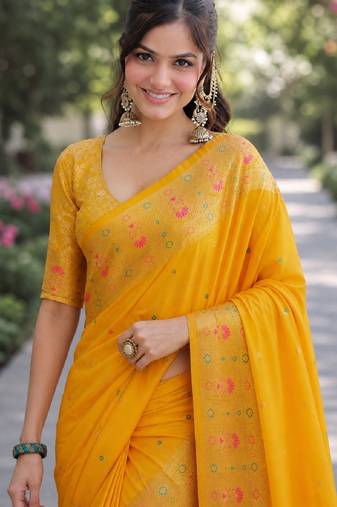 Yelllow soft silk banarasi jacuard work designer party wear saree with unstitched blouse piece