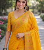 Yelllow silk blend banarasi saree with unstitched blouse piece