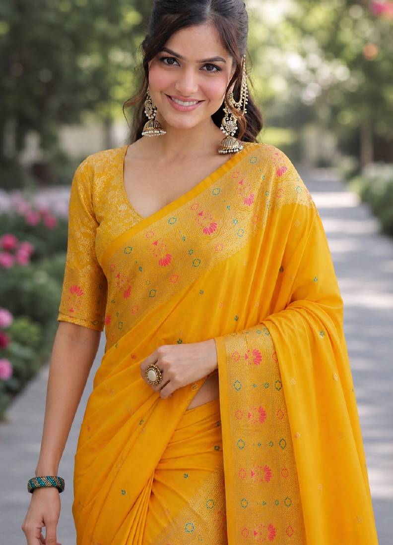Yelllow soft silk banarasi jacuard work designer party wear saree with unstitched blouse piece