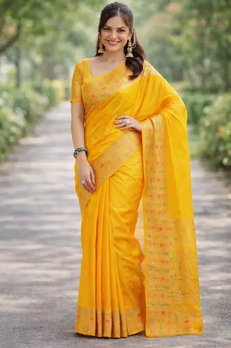 Yelllow silk blend banarasi saree with unstitched blouse piece