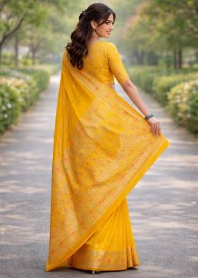 Yelllow silk blend banarasi saree with unstitched blouse piece 4