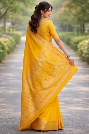 Yelllow silk blend banarasi saree with unstitched blouse piece