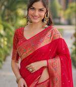 Pink silk blend banarasi saree with unstitched blouse piece