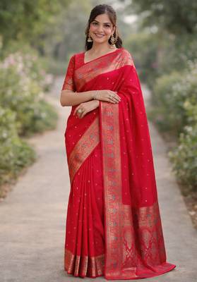 Pink silk blend banarasi saree with unstitched blouse piece 3