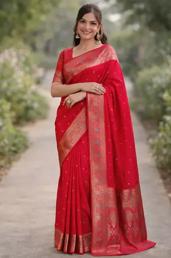Pink silk blend banarasi saree with unstitched blouse piece