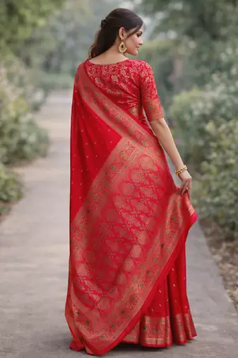 Pink silk blend banarasi saree with unstitched blouse piece